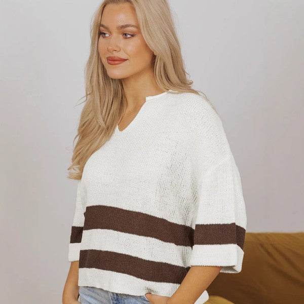 Striped Notched V Neck Cropped Sweater T Shirt
