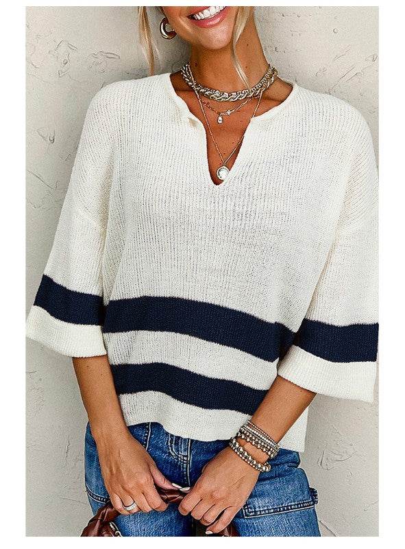 Striped Notched V Neck Cropped Sweater T Shirt