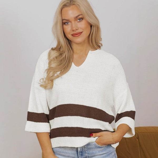 Striped Notched V Neck Cropped Sweater T Shirt
