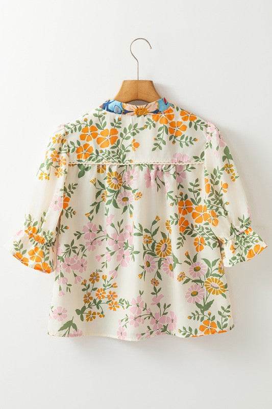Crochet V Neck Half Sleeve Boho Floral Blouse