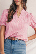 Pink Striped V Neck Puff Sleeve Blouse