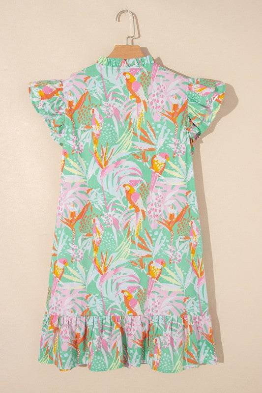 Floral Ruffle Trim Flutter Sleeve Buttoned Dress
