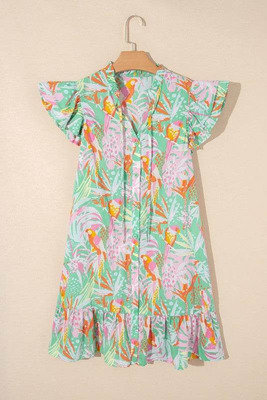 Floral Ruffle Trim Flutter Sleeve Buttoned Dress