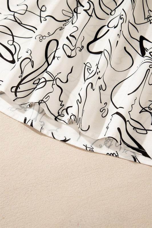Abstract Print Balloon Sleeve Crew Neck Blouse