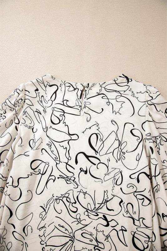 Abstract Print Balloon Sleeve Crew Neck Blouse