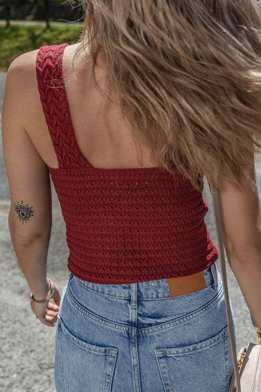 Burgundy Cable Knit Pointelle V Neck Sweater Vest