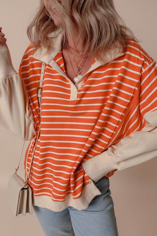Stripe Color Block Collared Drop Sweatshirt