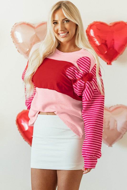 Floral Patch Striped Sleeve Textured Top