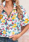 Floral Boho Shirred Bubble Viscose Notch Blouse