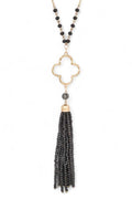 Beaded Tassel Clover Pendant Long Necklace