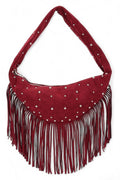 Faux Suede Fringe Boho Studded Hobo Bag
