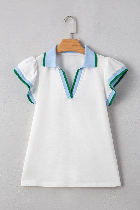 Viscose Collared V Neck Ruffle Sleeve  Blouse