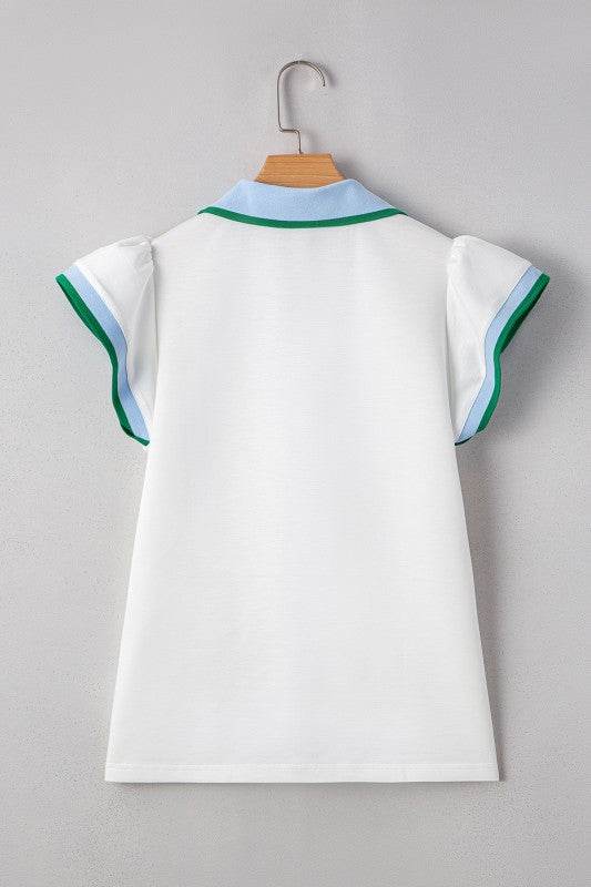 Viscose Collared V Neck Ruffle Sleeve  Blouse