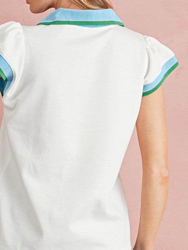 Viscose Collared V Neck Ruffle Sleeve  Blouse