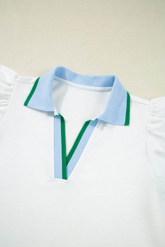 Viscose Collared V Neck Ruffle Sleeve  Blouse