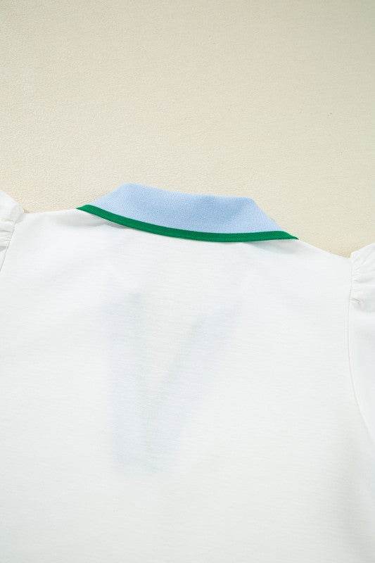 Viscose Collared V Neck Ruffle Sleeve  Blouse
