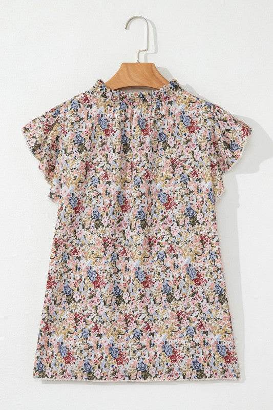 Red Boho Floral Frilled Button Neck Ruffle Blouse