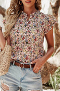 Red Boho Floral Frilled Button Neck Ruffle Blouse