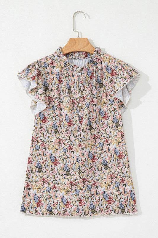 Red Boho Floral Frilled Button Neck Ruffle Blouse