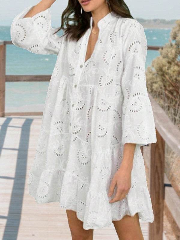 Cotton Embroidered Hollow Tiered Button Dress