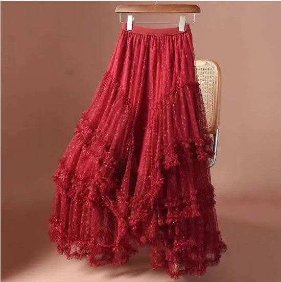 Mesh ruffle maxi skirt