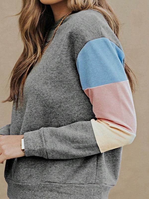 Cotton Casual Color Block Drop Sleeve Sweatshirt