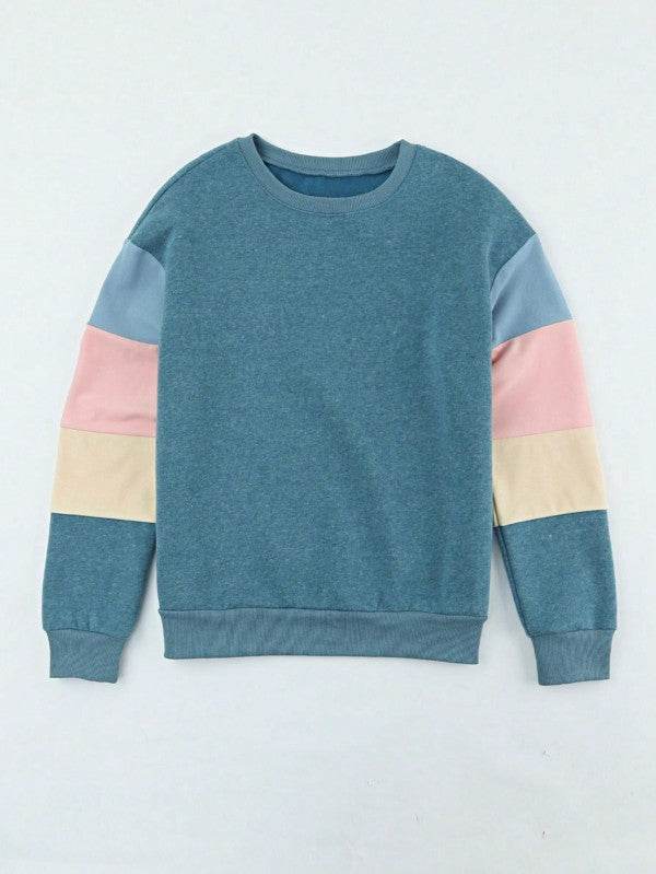 Cotton Casual Color Block Drop Sleeve Sweatshirt