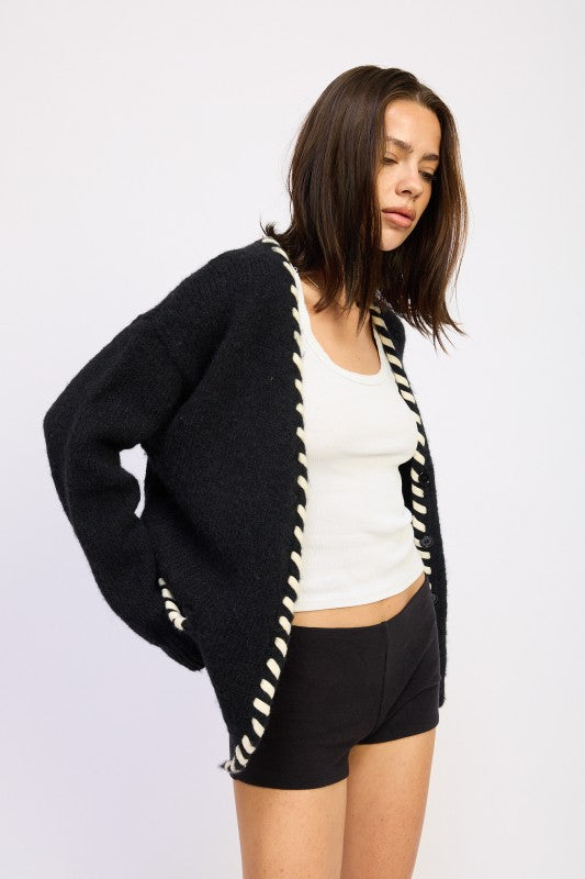 LEATHER TRIM CARDIGAN WITH BUTTONS
