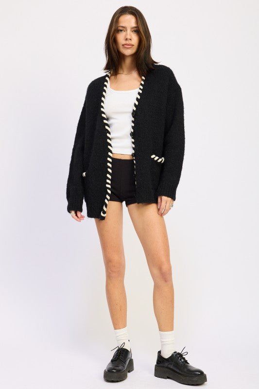 LEATHER TRIM CARDIGAN WITH BUTTONS