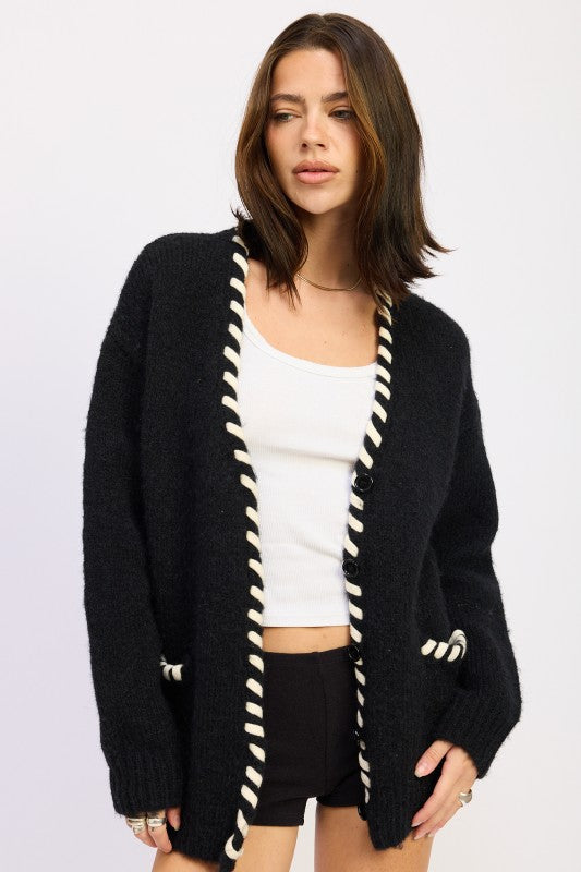 LEATHER TRIM CARDIGAN WITH BUTTONS