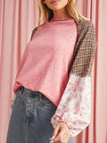 Viscose Plaid Floral Patchwork Raglan Ribbed Top