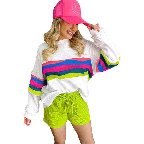 Colorful Striped Accent Long Sleeve Sweatshirts