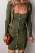 Green Knit Square Neck Buttoned Long Sleeve Dress