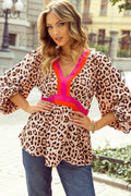 Color Block V Neck Balloon Sleeve Babydoll Blouse