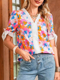 Cotton V Neck Floral Knotted Short Sleeve Blouse