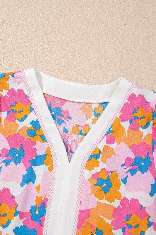 Cotton V Neck Floral Knotted Short Sleeve Blouse