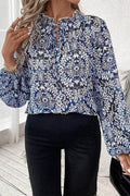 Blue Print Lace-up Frilled Neck Puff Sleeve Blouse