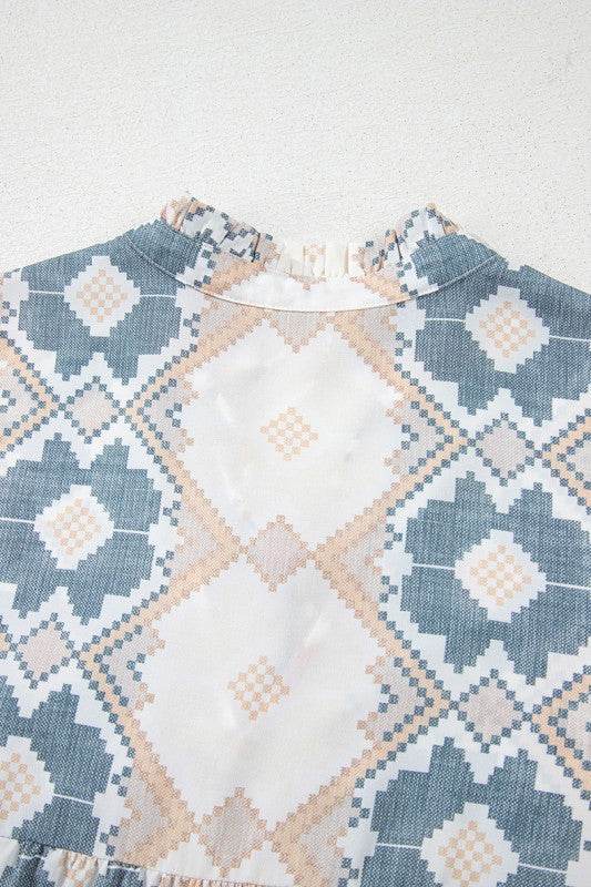 Print Tassel Tie Split Neck Balloon Sleeve Blouse