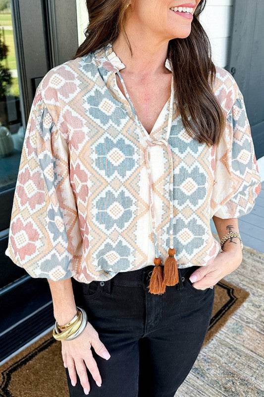 Print Tassel Tie Split Neck Balloon Sleeve Blouse