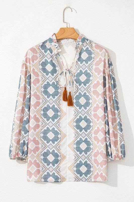 Print Tassel Tie Split Neck Balloon Sleeve Blouse