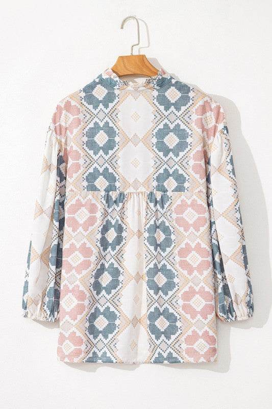 Print Tassel Tie Split Neck Balloon Sleeve Blouse