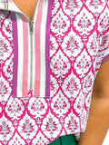 Pink Colorblock Striped Collar Boho Blouse