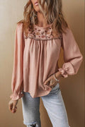 Embroidered Textured Flounce Sleeve Elegant Blouse