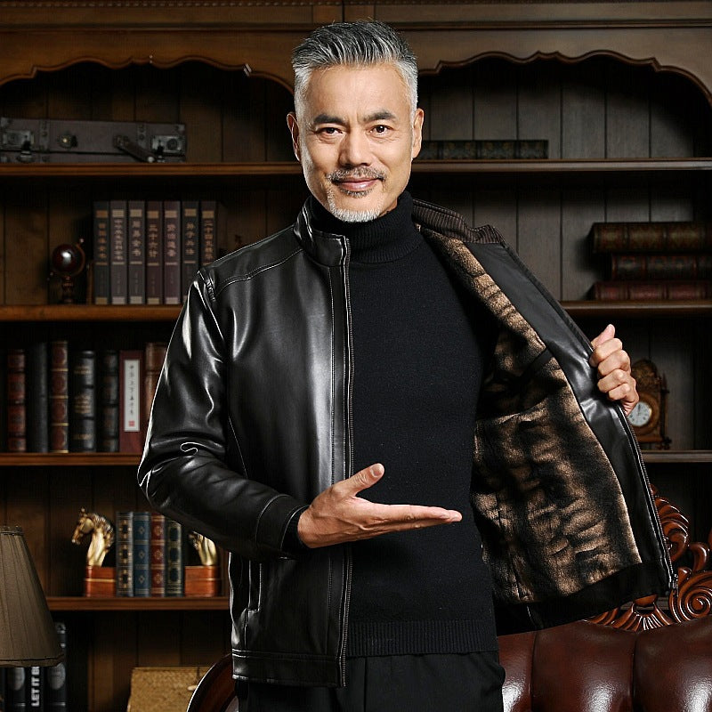 Men's PU Leather Jacket - Classic Lapel Collar Coat for Middle-Aged Men