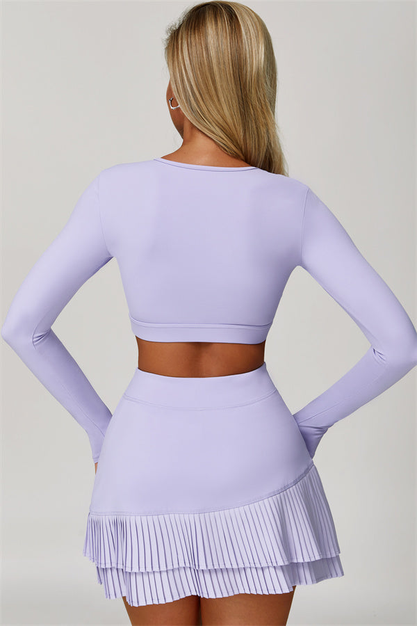 The Lavish Long Sleeve Cut-out Crop Top Tennis Skirt 2-Piece Set