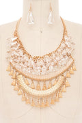 Fringe Clear Beads Statement Bib Necklace Set
