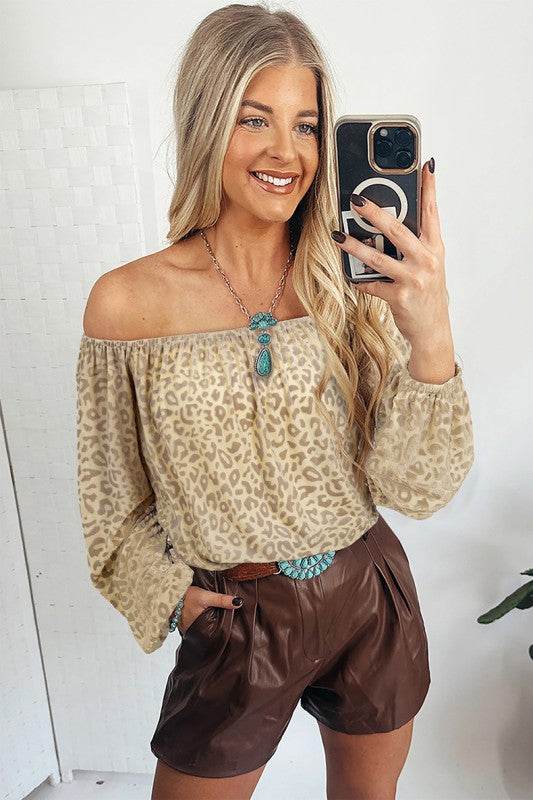 Women Leopard Velvet Burnout Off Shoulder Blouse