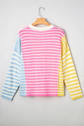 Colorblock Striped Patchwork Dolman  Slit Sweater
