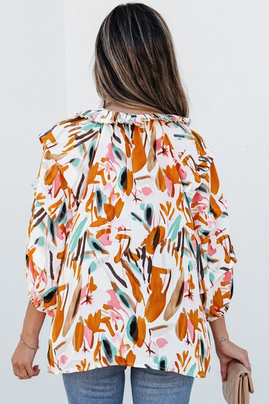 Print Drawstring Frilled V Neck 3/4 Sleeve Blouse
