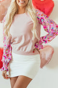 Printed Patchwork Smocked Lantern Sleeve Knit Top